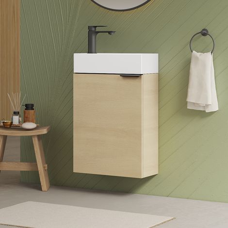 EMKE Schmale Waschtischunterschränke fürs Bad Hängender Waschbeckenunterschrank mit Keramikwaschbecken 41.7 × 24 × 64.6 cm Oak (1/5)