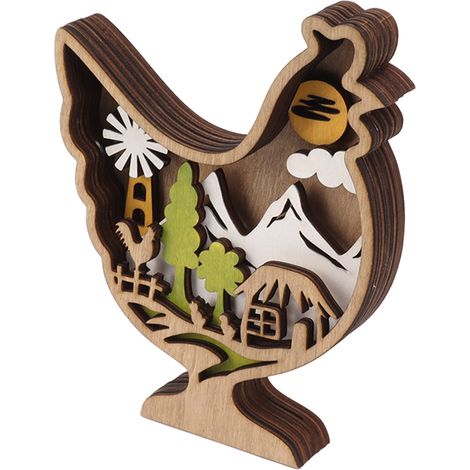 Ornement en bois sculpté représentant une poule et un paysage de montagne, modèle de décoration intérieure raffiné et coloré. (1/5)