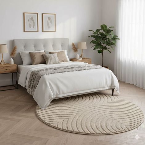 Tapis Rond Moderne 3D Art - 160 cm x 160 cm - Beige - Design Géométrique Élégant - Antiallergique, Ayyildiz (1/5)