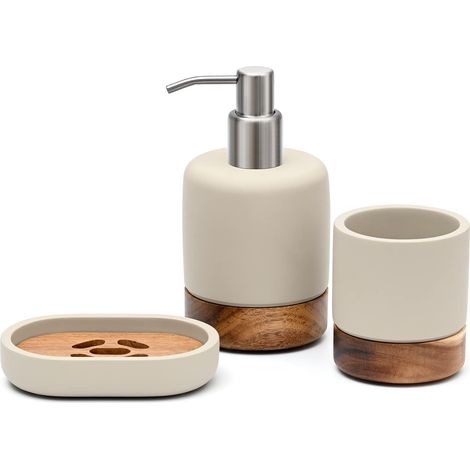 Ensemble d'accessoires de salle de bain en béton et bois d'acacia 3 pièces Distributeur de savon, porte-savon, gobelet (1/5)