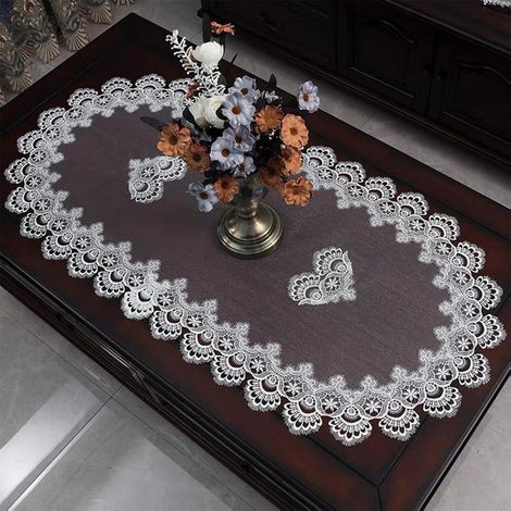 Chemin de table ovale 40x90cm avec dentelle et broderie, blanc