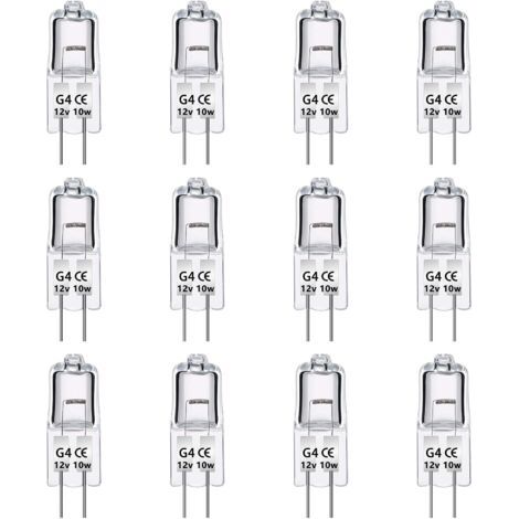 Paquet de 12 Ampoules Halognes G4 12V 10W, Intensité Variable, Blanc Chaud 2700K, 140LM, Lampe Halogène Basse Tension G4, Capsule Transparente, Pour Lustre, Placards, Plafonniers