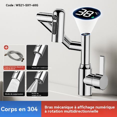 Robinet robotisé multidirectionnel à affichage numérique intelligent, trois modes de sortie d'eau, tuyau d'arrosage gratuit inclus, couleur argent. (1/5)