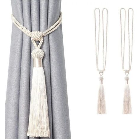 Lot de 2 embrasses de rideaux longues à pompons faites à la main en corde tressée avec nœuds de style européen pour décoration de fenêtre de maison et de bureau (beige) (1/5)