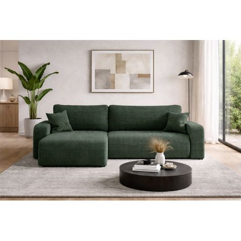 Divano angolare reversibile PIANIOO XL trasformabile – Velluto a coste verde bottiglia, ampio vano contenitore, funzione letto, angolo universale sinistro/destro, comfort ed eleganza