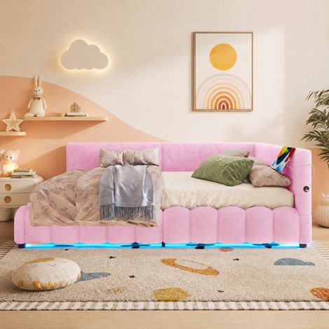 Letto contenitore 140x200 stile daybed con rete a doghe, LED, USB e USB-C, rosa HAVRYA (1/5)