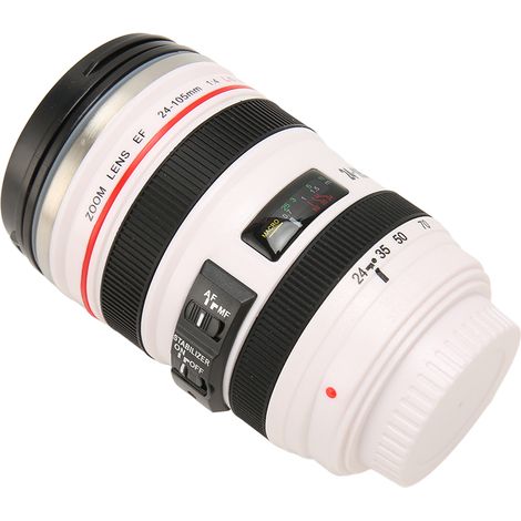 Tasse objectif photo pour photographe, ABS et acier inoxydable isolante, gobelet unique forme d'objectif pour maison voyage bureau noir blanc (1/5)
