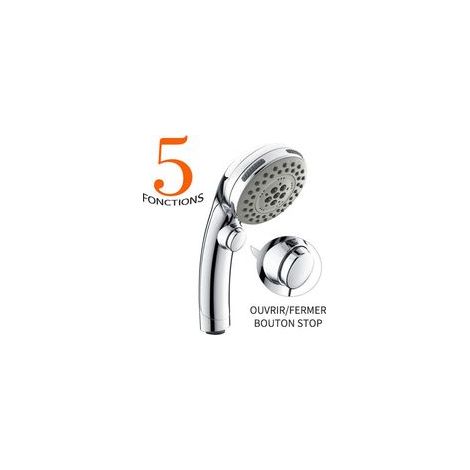 Pommeau de douche chromé avec bouton stop, 5 jets, picots anticalcaire, universel – (1/5)