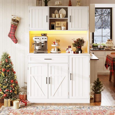 Buffet haut 110 x 38 x 180 cm, meuble de rangement blanc avec 5 portes, éclairage LED, prise intégrée et étagères (1/5)