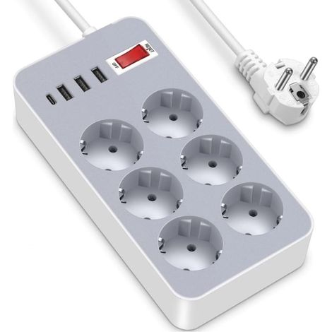 Multiprise USB avec 6 prises secteur + 3 ports USB-A + 1 port USB-C, multiprise de bureau USB avec interrupteur et câble de 1,8 m (1/4)