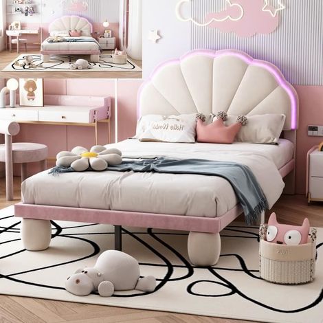 Lit enfant - LAZYSPACE - 90x200 cm - Testata letto LED - Velluto beige e rosa - 1 posto