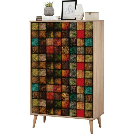 Dmora - Kommode Dpersy, Wohnzimmerbuffet, Wohnzimmer-Sideboard, Moderne Küchen-Speisekammer, 80x36h127 cm, Eiche und Multicolor