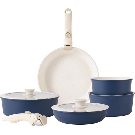 Set de casseroles et poêles induction antiadhésif granit 15 pièces bleu avec poignées amovibles et couvercles en silicone (1/5)