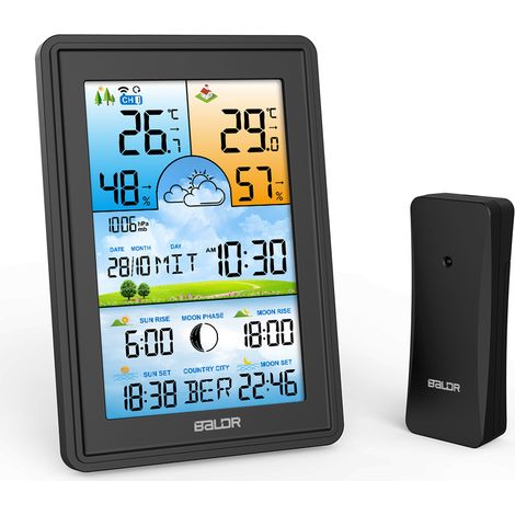 Magicfox – Station météo numérique sans fil – Affichage couleur – Température, humidité, heure, baromètre, phases de lune – Alimentation secteur ou batterie (1/5)