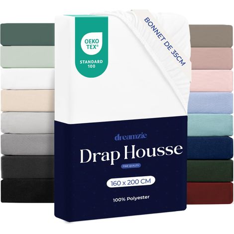 Drap Housse 160x200cm Grand Bonnet 35cm Blanc (1/5)
