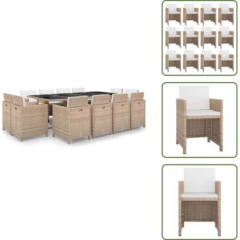 The Living Store 13-tlg. Garten-Essgruppe mit Auflagen Poly Rattan Beige - Rattan-Tisch (1/5)