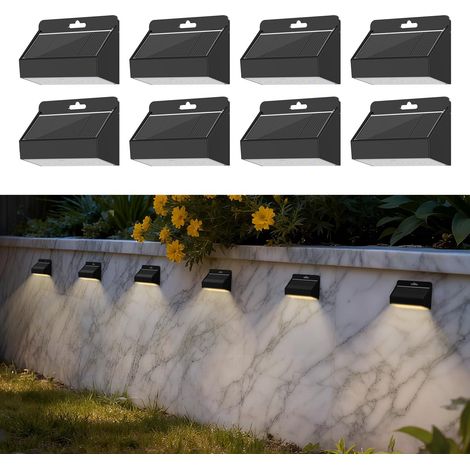Lampe Solaire Exterieur, LED Applique Murale Exterieur Solaire IP65 Étanche Lumières de Clôture Solaires pour Jardin Clôture Escaliers Marches Cour Terrasse, Blanc Chaud (8) (1/5)