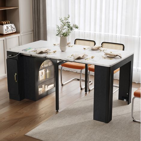 Isla de cocina extensible con ruedas, LED y tomas USB/Tipo C, blanca y negra DESVIAE (1/5)