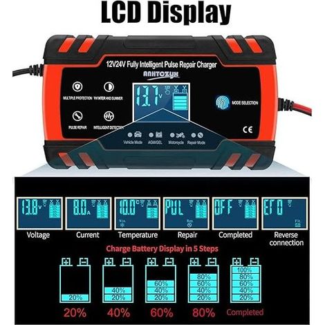 GROOFOO Chargeur et Mainteneur de Batterie Automatique Intelligent,Chargeur de Secours Portable 12V/8A 24V/4A avec Chargeurs à Flotteur de Réparation D'impulsion pour Voiture,Tondeuse à Gazon,Moto,etc (1/4)