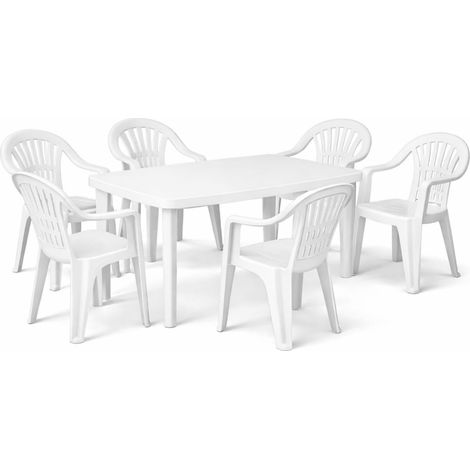 Set pranzo tavolo ovale e 6 sedie in plastica bianco - Tavolo con foro centrale per Ombrellone e sedie impilabili con braccioli (1/5)