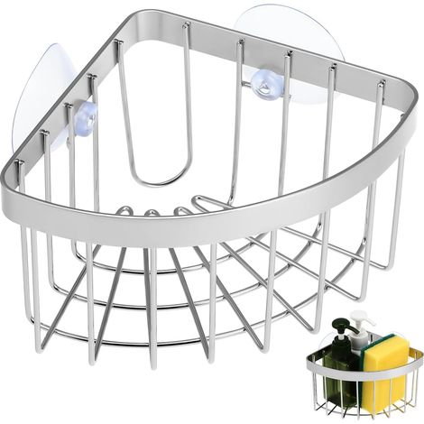 Soporte para esponjas de fregadero de cocina de acero inoxidable 304, cesta esquinera con ventosa, almacenamiento compacto sin necesidad de taladrar, drenaje rápido. (1/5)