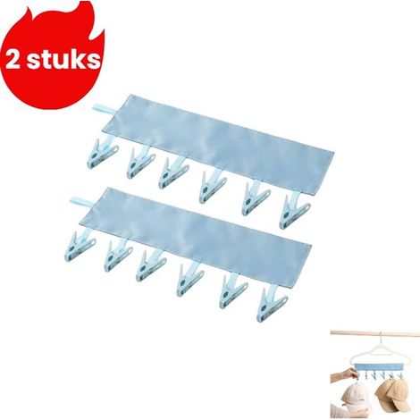 Cintre de voyage pliable en 2 pièces - Portant portable en tissu pour vêtements de voyage d'affaires - Mini pinces pour chaussettes et sous-vêtements - Blauw (1/5)