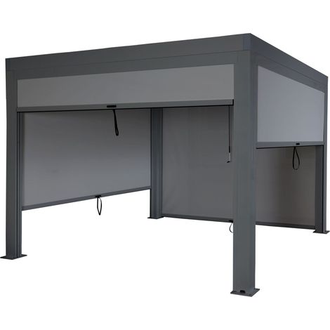 [NEUWERTIG] Pergola HHG-263 mit Seitenwand, Gartenpavillon Lamellen-Pavillon Rollo, 11cm-Alu-Gestell, sturmfest 3x3m anthrazit
