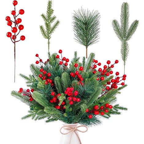 Lot de 60 branches de pin artificielles, rameaux de verdure synthétique avec baies rouges, tiges de sapin pour couronne de Noël, guirlande DIY, décoration d'arrangements floraux (1/5)