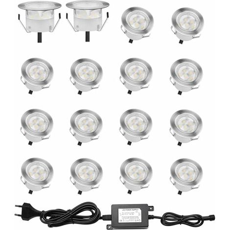 Lot de 16 Spots LED Encastrable pour Terrasse Bois, Etanche IP67, Spots à Encastrer Extérieur, 0,6W DC12V, Lumière Blanc, Kit Mini Lampe  [Classe énergétique A+]-LIAIKI (1/5)