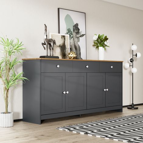 Buffet gris et noir aspect bois, quatre portes, trois tiroirs, pour salon et salle à manger, finition bois foncé et gris anthracite. (1/5)