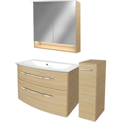 Fackelmann B.STYLE Badmöbel Set mit Waschbecken mit Unterschrank 80 cm breit – Spiegelschrank Bad mit Beleuchtung und Midischrank in Holz braun – Badezimmermöbel hängend in Sandeiche Holzoptik"-"90183 (1/5)