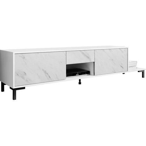 Mueble TV Charlotte 157, Blanco + Mármol blanco, Número de puertas: 3, Número de cajones: 0, 195x48x40cm