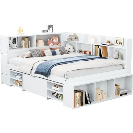 Letto Combinato 140 x 200 cm in Compensato, Letto Singolo con Cassetti, Scaffali e Spazi di Stoccaggio, senza Materasso, Bianco (1/5)