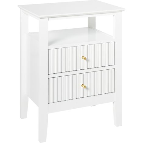 Elegante Mesita de noche 2 Cajones 1 Estante MDF Manilla Dorada Dormitorio Blanco Assisi