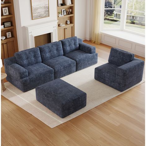 Sofá modular de chenilla 5-6 plazas con otomana 252 x 180 x 82 cm azul OKWISH (1/5)