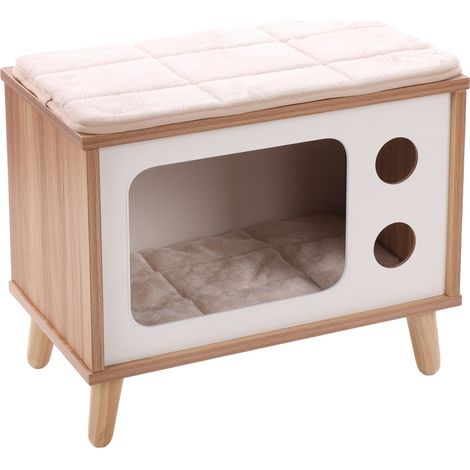 Meuble TV Fino Blanc & Brun & Naturel,50 x 29 x 41H pour chat - Flamingo (1/6)