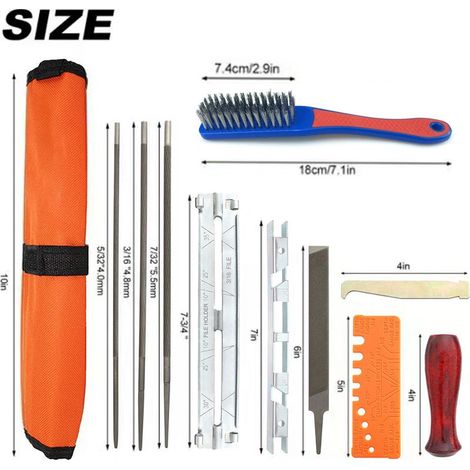 Ensemble de 11 limes pour outils et tronçonneuses : 10 pièces avec lime en tissu, limes pour tronçonneuse thermique et électrique, plus trousse de rangement incluse (1/5)