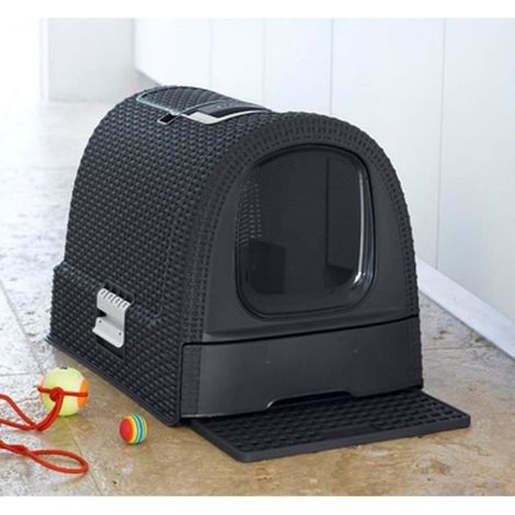 Curver – Bac à litière pour chat avec filtre au charbon actif – Spacieux 39,5 x 51 x 39,5 cm – Avec spatule et tapis de nettoyage