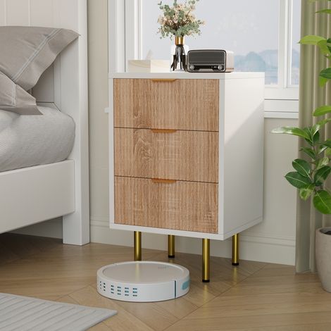 Buffet 3 tirtors, Commode Chambre 40 x 40 x 65, Meuble bas, Armoire Tiroirs, Tour de Rangement, pour Salon, Chambre, Salle à Manger, Blanc, couleur bois naturel (1/5)