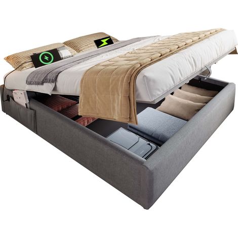 Lit coffre 140x200 cm avec USB-C, rangement hydraulique, sommier plein en bois, sans tête de lit, tissu gris, montage rapide pour chambre moderne – CHICFURN (1/5)