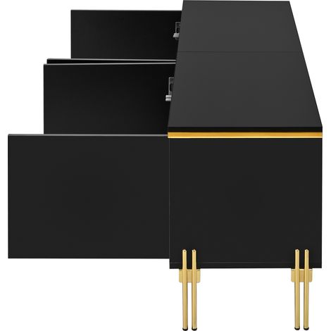 Meuble de salon moderne et brillant pour la télévision. Quatre portes de placard. Équipement pour ranger les câbles. Bords dorés. Meuble de salon conçu pour stocker des objets dans le salon. (1/5)