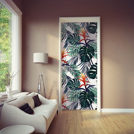 Sticker Décoratif pour Placards, Fleurs de la Jungle et Monstera, 204 cm X 83 cm (1/4)