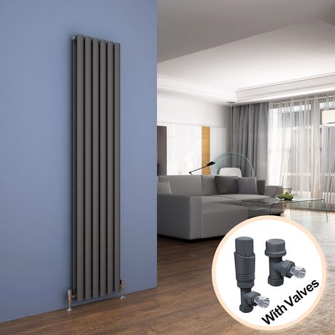 ELEGANT Vertical Radiator 1800 x 354mm Double Panel Designer Anthracite Oval Column Heating Rad with Thermostatic Radiator Valves (1/5)