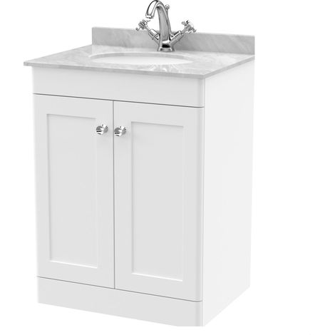 Swynnerton Traditional 2 Door Floor Standing Vanity Unit with Marble Basin, Satin White, 600mm