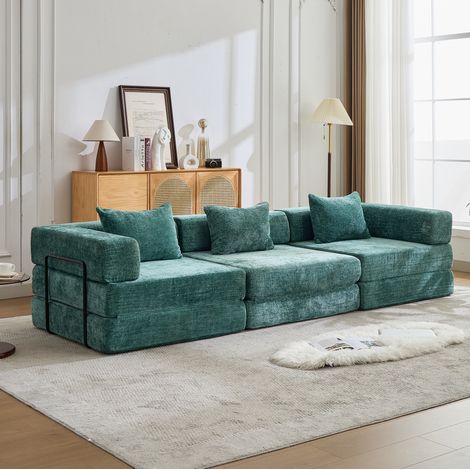 Divano letto modulare 300x100x63 cm in ciniglia verde scuro FloraGrace (1/5)