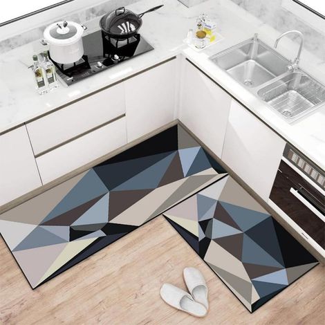 Tapis Cuisine Long Antidérapant au Motifs Géométriques, Lavable Absorbant Diatomite Cuisine Devant Evier Tapis de Bain Vaisselle Douche (Bleu,50x80cm) (1/5)