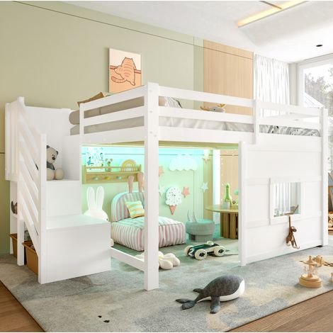 Lit mezzanine 140x200 cm en pin et MDF blanc, avec escalier de rangement, fenêtre et LED intégrées (1/5)