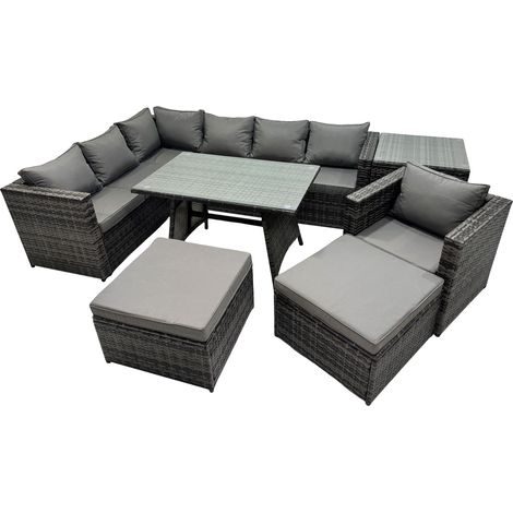 Fimous 9-seater Outdoor PE Rattan Sofa Set with Dining Table Patio Garden Furniture Sets with Chair Side Table 2 Big Stools Dark Grey Mixed (1/5)