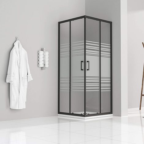 Duschkabine mit Schiebetüren Eckdusche mit Rollensystem aus teilsatiniertem ESG Glas 180cm Hoch mit schwarzen Profilen DK79 95x95 cm (1/5)