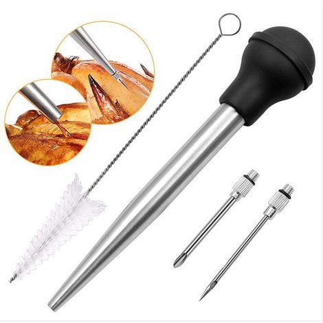 Pipeta para salsa con cepillo de limpieza, pipeta de cocina de acero inoxidable - Pipeta para salsa para asar pavo, incluye 2 agujas de inyección para adobo de carne para Acción de Gracias (1/5)